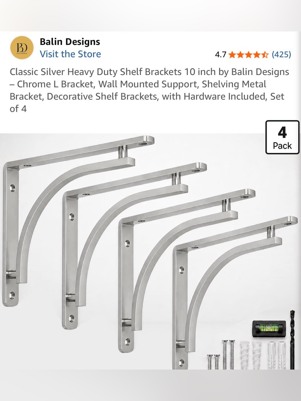 BALIN DESIGNS Chrome Heavy-Duty Wall Shelf Brackets - Set of 4 NIB